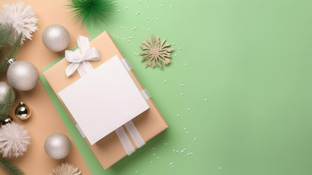 Top view photo of envelope paper sheet white and green baubles gift boxes pine branch in hoarfrost and confetti on isolated beige background with empty spaceの素材