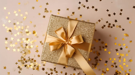 Top above overhead close up view photo of beautiful present box with golden yellow ribbon on background with shiny confetti soft beige colorの素材