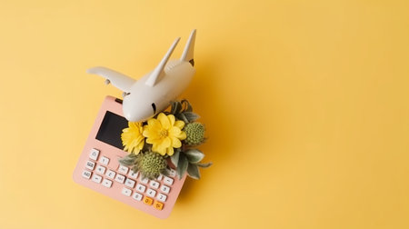 Top view photo of flowerpot plane model on calculator and piggy bank on isolated pastel yellow background with copyspaceの素材