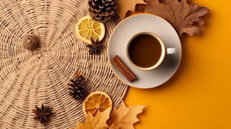 Cup of coffee with autumn leaves on wicker background, top viewの素材