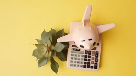 Top view photo of flowerpot plane model on calculator and piggy bank on isolated pastel yellow background with copyspaceの素材