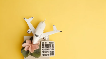 Top view photo of flowerpot plane model on calculator and piggy bank on isolated pastel yellow background with copyspaceの素材