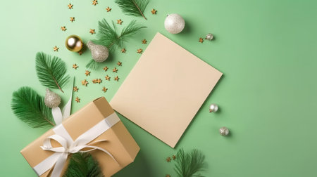 Top view photo of envelope paper sheet white and green baubles gift boxes pine branch in hoarfrost and confetti on isolated beige background with empty spaceの素材