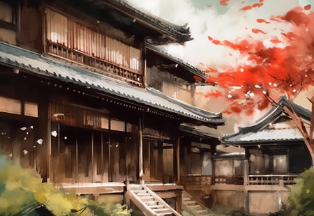 Traditional japanese house in Kyoto, Japan. Digital watercolor paintingの素材