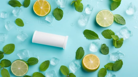 Top view photo of white tube without label in the middle mint leaves whole and sliced limes halves of lemon ice cubes and water drops on isolated pastel blue background with blank spaceの素材