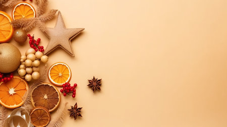 Top view photo of wood christmas ornaments wicker star jingle bell fir branches pine cones mistletoe berries and dried citrus slices on isolated beige background with copyspaceの素材