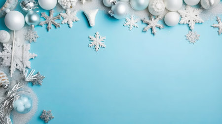 Christmas background with snowflakes and baubles on blue backgroundの素材