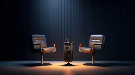 two chairs and microphones in podcast or interview room isolated on dark background as a wide banner for media conversations or podcast streamers concepts with copyspaceの素材