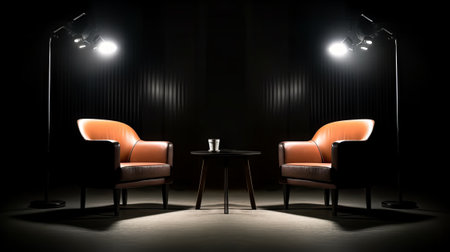 two chairs and spotlights in podcast or interview room on dark background as a wide banner for media conversations or podcast streamers concepts with copyspaceの素材