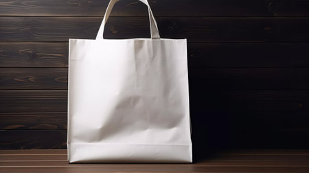 White paper shopping bag on wooden background, Mockup for designの素材
