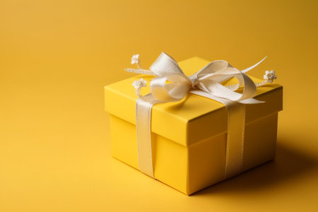 Yellow gift box tied with white ribbon on a yellow background. Copy spaceの素材