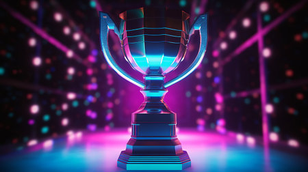 Winner trophy on a stage at studio illuminated by neon lights with blurred backgroundの素材