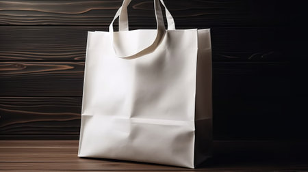 White paper shopping bag on wooden background, Mockup for designの素材