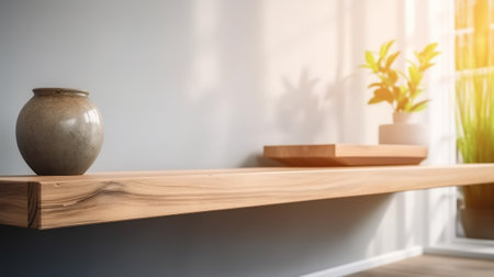 Wooden shelf on wooden table in the living roomの素材