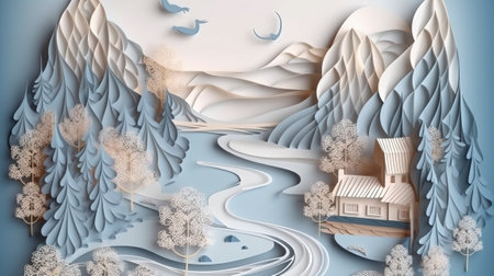 Winter landscape in paper cut style. Paper art and craft styleの素材