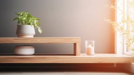 Wooden shelf on wooden table in the living roomの素材