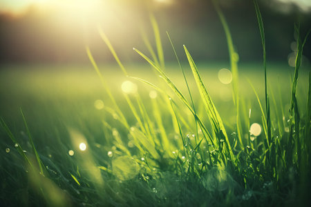 Fresh green grass with dew drops close up. Nature background.の素材