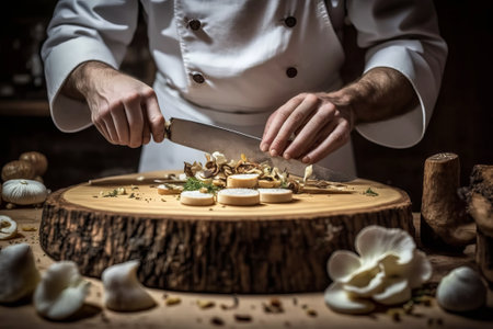 Chef cutting mushrooms on a wooden board with a knife in a restaurant kitchenの素材