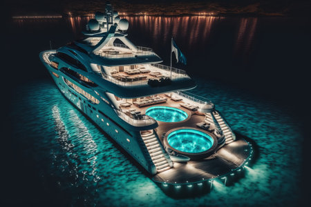 Cruise ship in the sea at night. 3d rendering.の素材