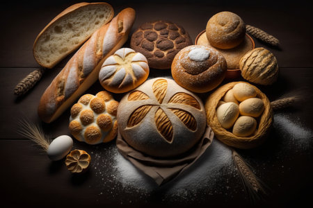Assortment of baked bread on wooden table background. Bakery concept.の素材