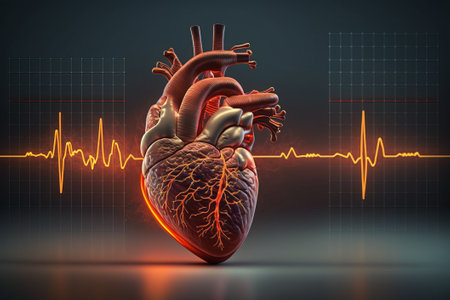 Human heart with electrocardiogram on dark background. 3d illustrationの素材