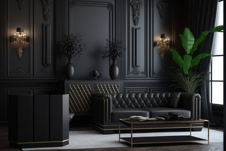 Luxury black living room interior with sofa, armchair, coffee table and decorative plants. 3D Renderingの素材