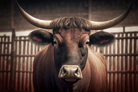 Portrait of a brown cow with horns in the corral.の素材