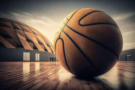 Basketball ball against large football stadium under cloudy sky 3D illustrationの素材
