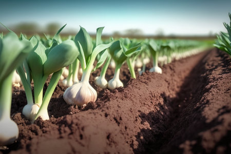 Young sprouts of garlic on the field in the spring. Selective focusの素材
