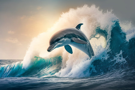 Dolphin jumping out of ocean wave. Mixed media. Mixed mediaの素材