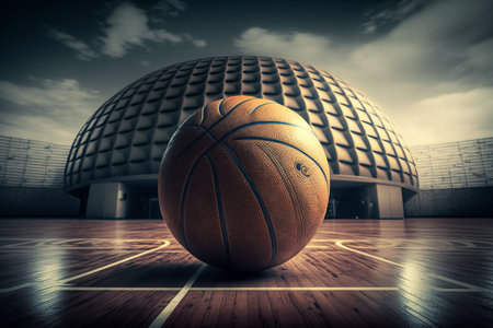 Basketball ball in front of a basketball arena. 3D Renderingの素材