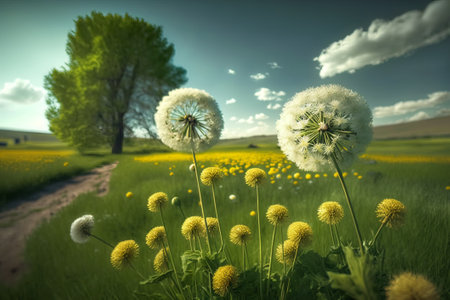 Spring landscape with dandelions in the meadow and road.の素材