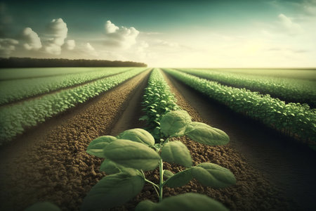 Agricultural field with sunflower seedlings. Agricultural landscape.の素材