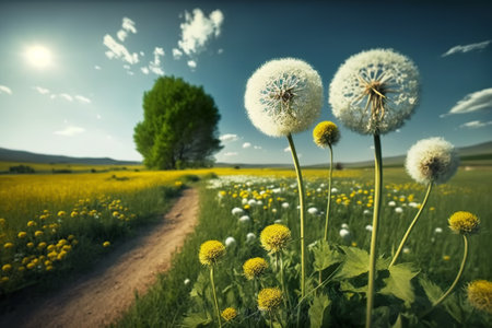 Dandelions in a meadow with dirt road and blue skyの素材