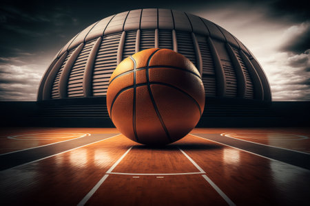 Basketball ball against composite image of sport arena in orange and blackの素材