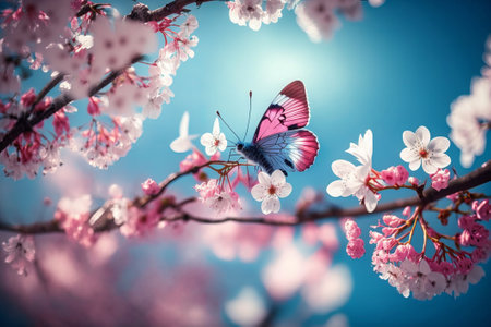 Beautiful cherry blossom and butterfly on blue sky in spring timeの素材