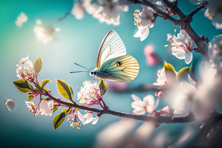 Butterfly on a branch of cherry blossoms. Spring backgroundの素材