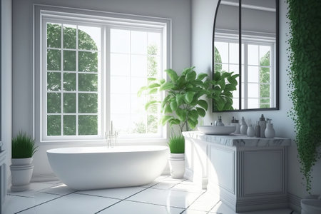 Bathroom interior with white walls, tiled floor, white bathtub and large window. 3d renderingの素材