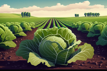 Vector illustration of fresh cabbage growing in a field. Agriculture concept.の素材