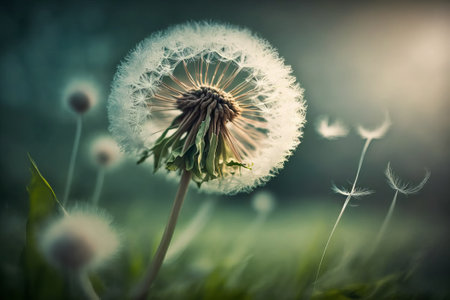 Dandelion flower with seeds in the meadow. Soft focusの素材