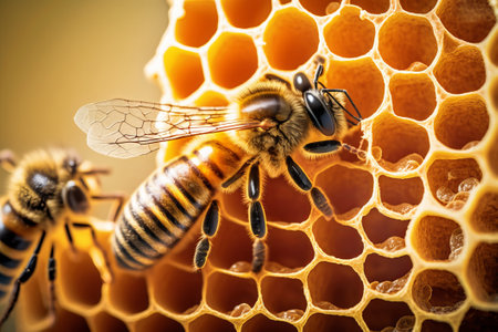Close up view of the working bees on honeycells. Macro photography of bees on honeycells.の素材