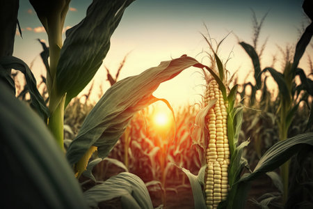 Ripe corn on the field at sunset. Agricultural concept. Vintage style.の素材