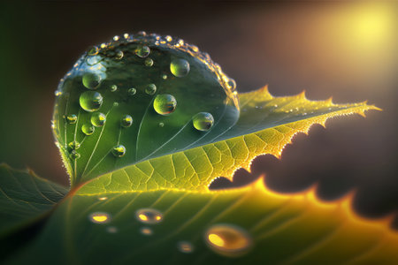 Water droplets on a green leaf in the rays of the sunの素材