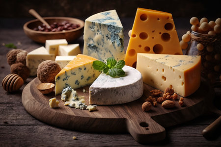 Cheese collection, variety of cheeses with nuts and honey on wooden backgroundの素材