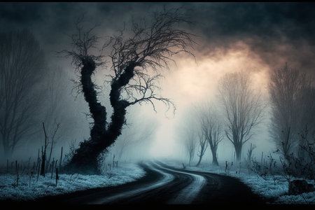 Country road in the misty forest. Halloween concept. 3D Renderingの素材