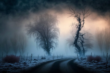 Foggy winter landscape with trees and road in the fog.の素材