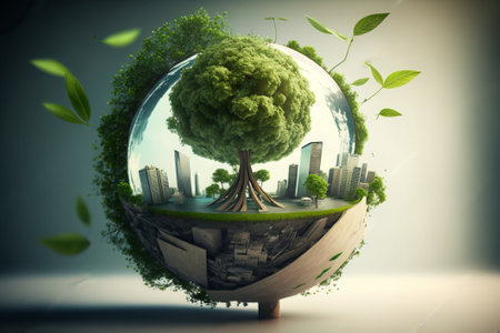 Eco city concept with green planet and tree. 3D renderingの素材