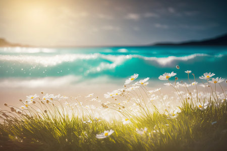 Beautiful summer landscape with camomile flowers on the beach.の素材