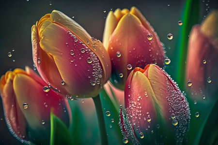 Bouquet of tulips on a background of water drops.の素材