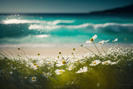 Wild camomile flowers on the beach with turquoise sea backgroundの素材